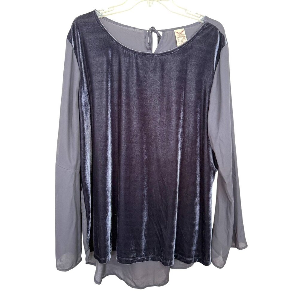Faded Glory Womens 2X Mixed Media Gray Velvet & Sheer Chiffon Blouse Goth Witchy - Picture 1 of 8